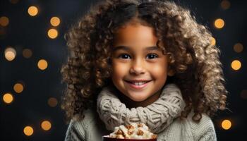 AI generated Smiling child, cute curly hair, winter portrait, looking at camera generated by AI photo