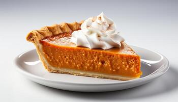 AI generated Freshly baked pumpkin pie with whipped cream and caramel decoration generated by AI photo