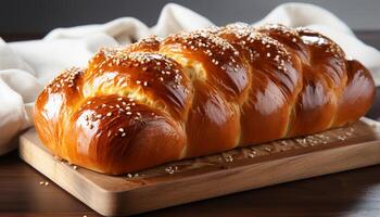 AI generated Freshly baked bread on wooden table, a delicious homemade snack generated by AI photo