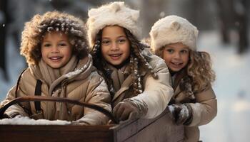 ai generado sonriente muchachas jugando en nieve, alegre invierno divertido al aire libre generado por ai foto