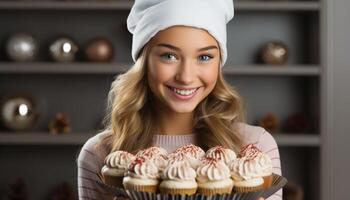 ai generado sonriente mujer decorando magdalena, alegre y linda en cocina generado por ai foto