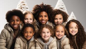 ai generado un alegre grupo de niños sonriente, mirando a cámara felizmente generado por ai foto