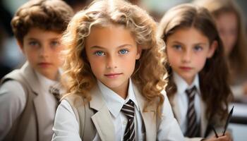 ai generado un linda caucásico niña sonriente, aprendizaje con colegio niños adentro generado por ai foto