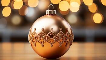 AI generated Shiny gold ornament glows, illuminating elegant Christmas decoration indoors generated by AI photo