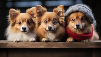 AI generated Cute puppy sitting, looking at camera, surrounded by fluffy friends generated by AI photo