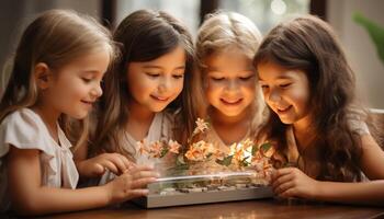 AI generated Smiling children playing together, enjoying nature and learning indoors generated by AI photo