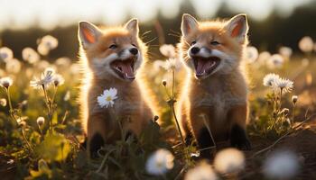 AI generated Cute puppy and kitten playing in the sunny meadow generated by AI photo