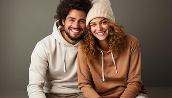 AI generated Smiling young couple embracing, love and happiness in winter generated by AI photo