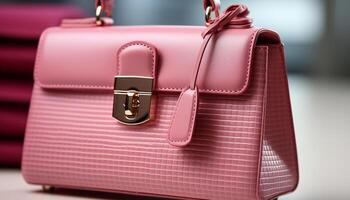 ai generado de moda mujer que lleva elegante rosado cuero maletín en un Tienda generado por ai foto