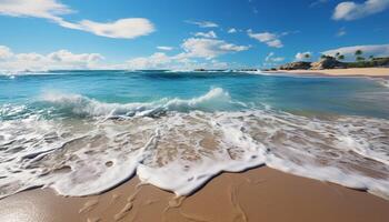 ai generado azul ola salpicaduras en arenoso línea costera, un tropical paraíso generado por ai foto