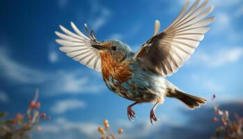 ai generado un pequeño colibrí moscas libremente, sus alas untado en medio aire generado por ai foto