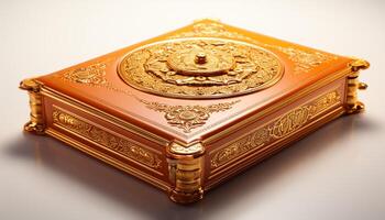 ai generado antiguo oro libro, símbolo de religión, en blanco antecedentes generado por ai foto