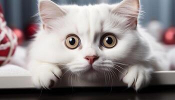 ai generado linda gatito con azul ojos, sentado y mirando a cámara generado por ai foto