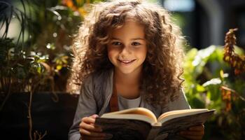 ai generado sonriente niña leyendo libro al aire libre, disfrutando naturaleza y aprendizaje generado por ai foto