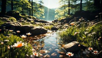 ai generado tranquilo escena verde prado, fluido agua, otoño hojas, sereno puesta de sol generado por ai foto