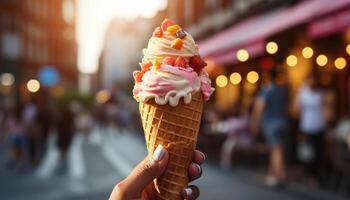 ai generado alegre adultos disfrutando hielo crema conos en un verano noche generado por ai foto