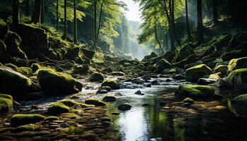 AI generated Tranquil scene  green mountain, flowing water, falling leaves, peaceful forest generated by AI photo