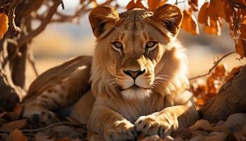 ai generado majestuoso leona descansando en el desierto, alerta mirando lejos generado por ai foto
