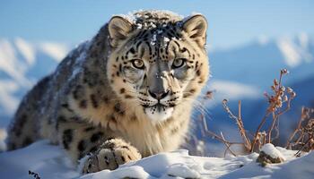 ai generado majestuoso nieve leopardo, un belleza en naturaleza, curioso a cámara generado por ai foto
