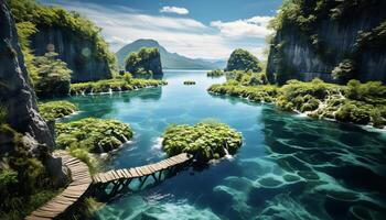 AI generated Tranquil scene  blue water reflects green forest, nature beauty generated by AI photo