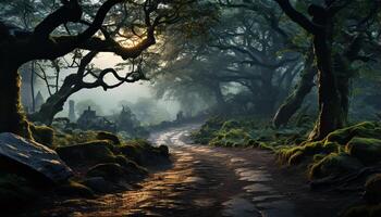 AI generated Spooky autumn forest, mysterious footpath, dark silhouette, adventure in nature generated by AI photo
