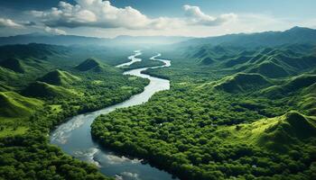 AI generated Tranquil summer meadow, green mountains reflect in flowing water generated by AI photo