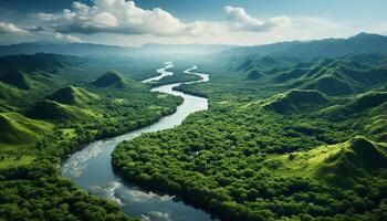 ai generado tranquilo verano prado, verde montañas reflejar en fluido agua generado por ai foto