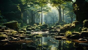 AI generated Tranquil scene  green tree, wet rock, mysterious autumn fog generated by AI photo
