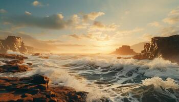 AI generated Sunset over the water, waves crashing on rocky coastline generated by AI photo