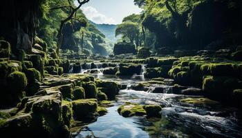 ai generado tranquilo escena fluido agua, verde árboles, rocoso montaña, puesta de sol belleza generado por ai foto