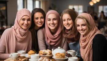 AI generated Smiling women in hijab enjoy coffee, friendship, and togetherness generated by AI photo