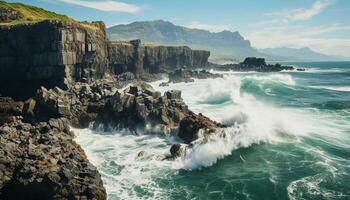 AI generated Majestic mountain cliff, crashing waves, sunset over rough coastline generated by AI photo