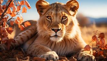 AI generated Majestic lioness resting in tranquil savannah, looking away, autumn generated by AI photo