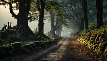 AI generated Mysterious autumn forest, foggy path, nature beauty in spooky darkness generated by AI photo