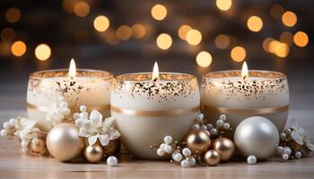 AI generated Glowing candle illuminates winter celebration, ornamented with shiny decorations generated by AI photo