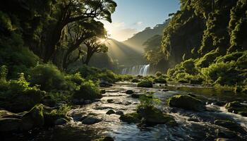 AI generated Tranquil scene  green landscape, flowing water, tropical rainforest beauty generated by AI photo