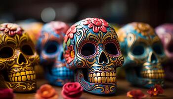 ai generado día de el muerto celebracion vistoso decoraciones, escalofriante calaveras generado por ai foto