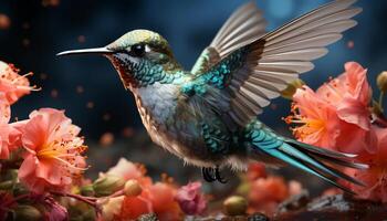 AI generated Hummingbird hovering, vibrant feathers spread, pollinating flowers in nature generated by AI photo