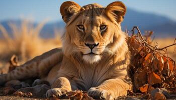 ai generado majestuoso leona descansando en el africano sabana, mirando a cámara generado por ai foto