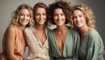 AI generated Smiling young women radiate happiness and beauty, standing together generated by AI photo