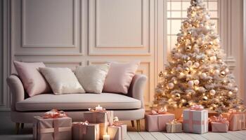 AI generated Cozy living room with illuminated Christmas tree, modern decoration generated by AI photo