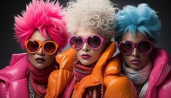 AI generated Young women in fashionable clothing, wearing sunglasses and colorful wigs generated by AI photo