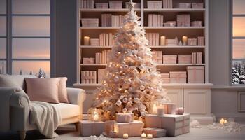 ai generado acogedor vivo habitación, iluminado por Navidad luces, celebra invierno temporada generado por ai foto