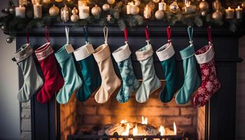 AI generated Cozy winter celebration  stockings hanging, fire burning, Christmas tree glowing generated by AI photo