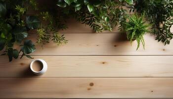 AI generated Fresh green plant on rustic wooden table, nature decoration indoors generated by AI photo