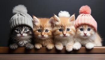 AI generated Cute kitten sitting, looking at camera, playful with wool cap generated by AI photo