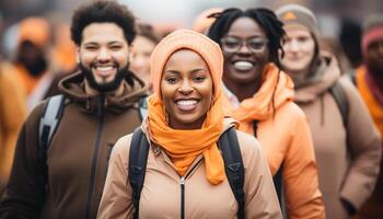 AI generated Smiling men and women hiking, enjoying nature, looking at camera generated by AI photo