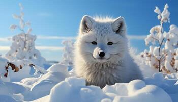 ai generado un linda perrito se sienta en el nieve, mirando a el Dom generado por ai foto