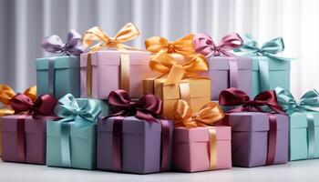 AI generated A large stack of wrapped gift boxes in various colors generated by AI photo