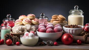 AI generated Homemade chocolate almond biscuit on rustic wood table generated by AI photo